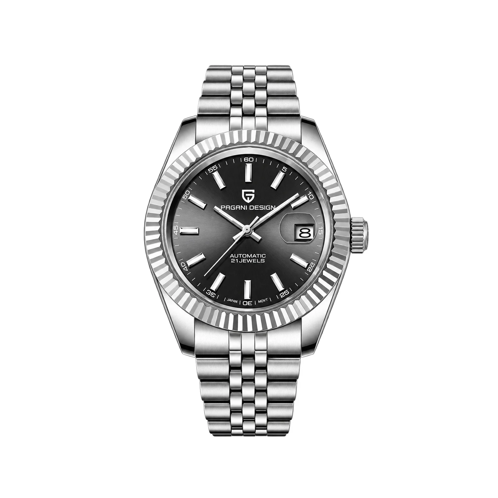 Pagani Design PD1645 Fluted Bezel Automatic Watch - Black/Silver