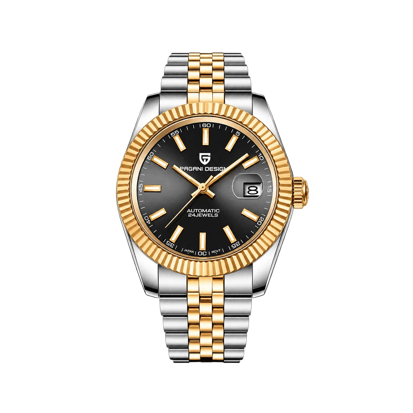 Pagani Design PD1645 Fluted Bezel Automatic Watch - Black/Silver/Gold